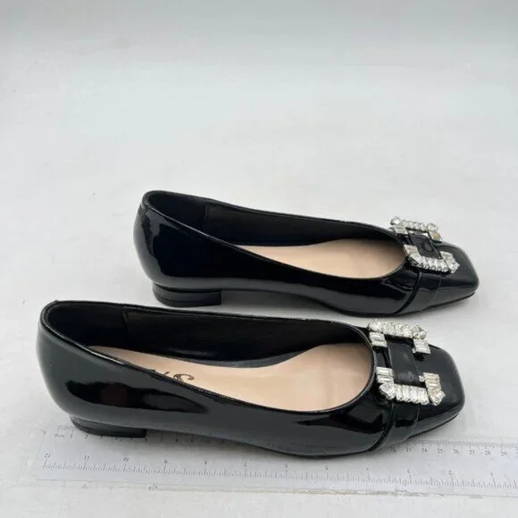FYS flats square toe Rhinestone Crystal Low Chunky Heel Shoes Black - Picture 3 of 7